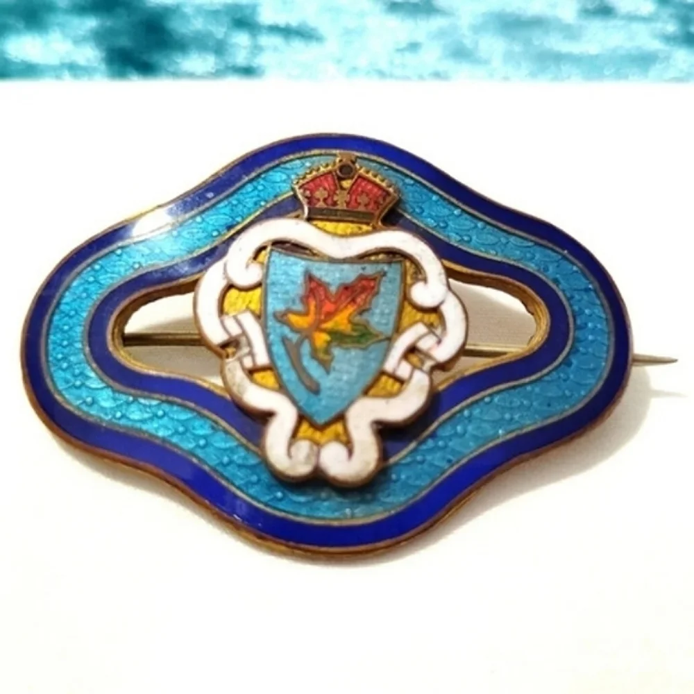 Antique Canada Brooch Guilloche Enamel Maple Leaf Shield Crest Long Arm Pin